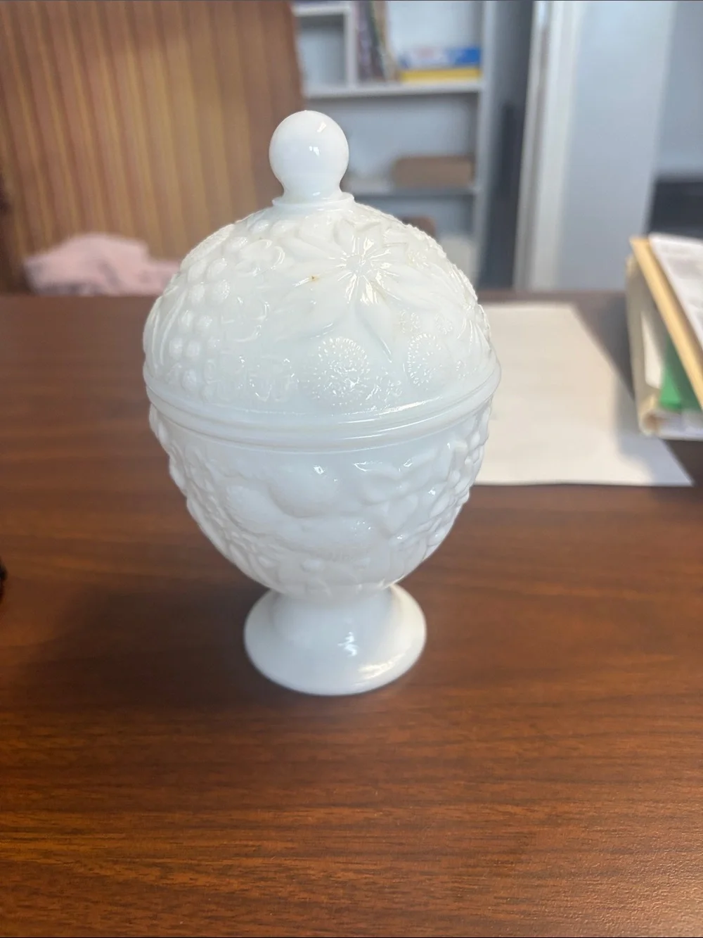 Avon White Embossed Milk Glass Covered Pedestal Jar